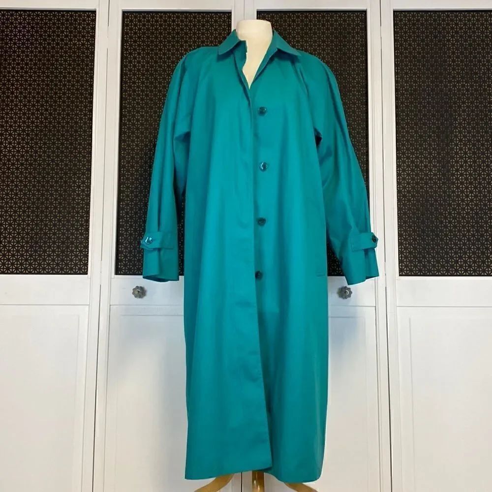 Vintage London Fog Trench Coat RARE Teal Women’s Size 14P SEE MEASUREMENTS